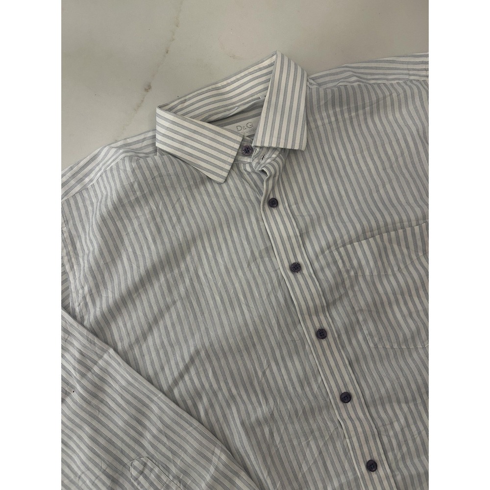 D&G Dolce & Gabbana Shirt Mens 17 White Stripe Long Sleeve Dress Button